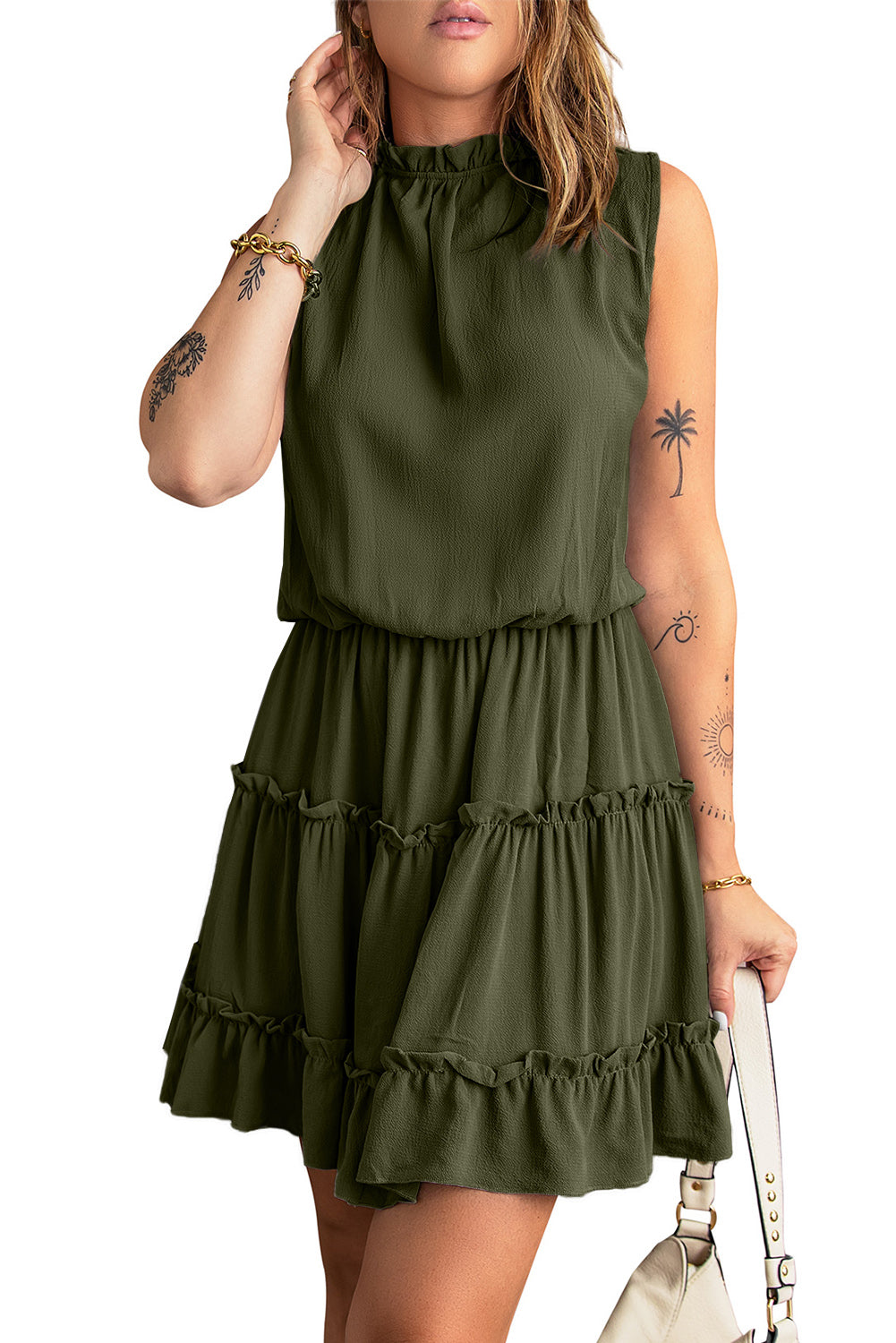 Green Sleeveless V Neck Ruffled Swing Mini Dress Mini Dresses JT's Designer Fashion