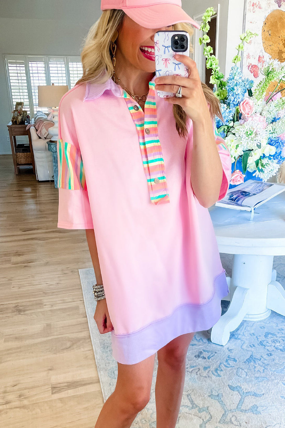 Pink Rainbow Stripe Half Sleeve Buttoned Collar Mini Dress Dresses JT's Designer Fashion