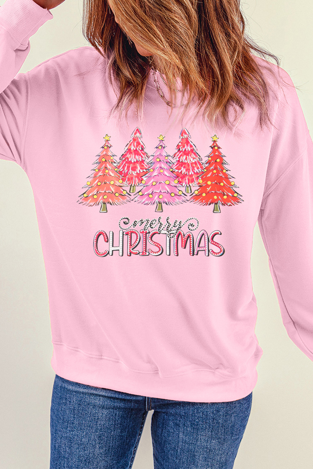 Pink Rhinestone Merry CHRISTMAS Christmas Tree Graphic Sweatshirt Graphic Sweatshirts JT's Designer Fashion