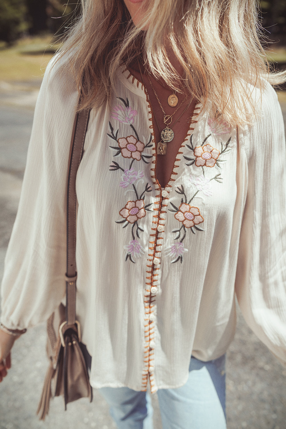 Beige Floral Embroidered Textured Puff Sleeve Loose Shirt Blouses & Shirts JT's Designer Fashion