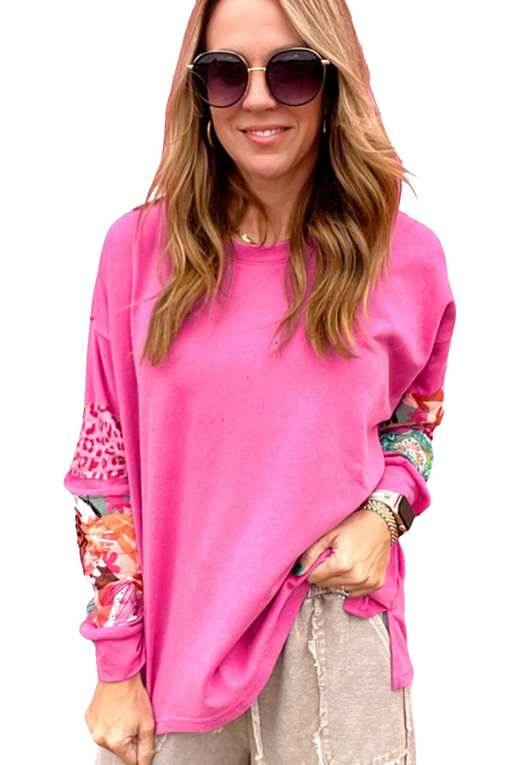 Sachet Pink Mixed Print Patch Drop Shoulder Pullover Top Long Sleeve Tops JT's Designer Fashion