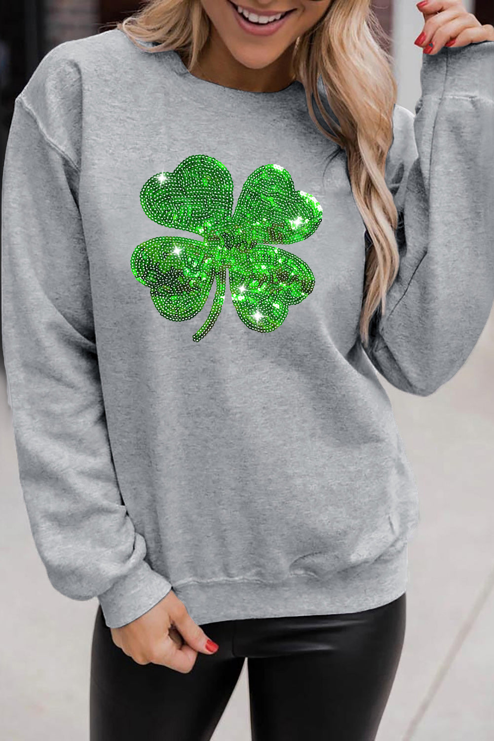 Gray Sequined Clover Patch St Patrick Fashion Sweatshirt Graphic Sweatshirts JT's Designer Fashion