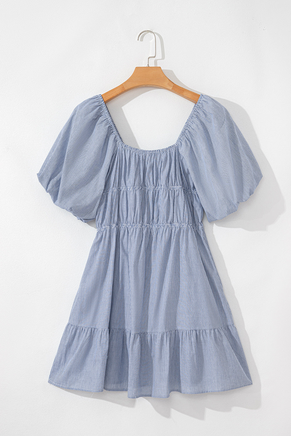Sky Blue Stripe Bubble Sleeve Square Neck Ruched Pocketed Babydoll Dress Mini Dresses JT's Designer Fashion
