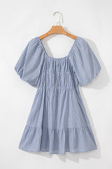 Sky Blue Stripe Bubble Sleeve Square Neck Ruched Pocketed Babydoll Dress Mini Dresses JT's Designer Fashion