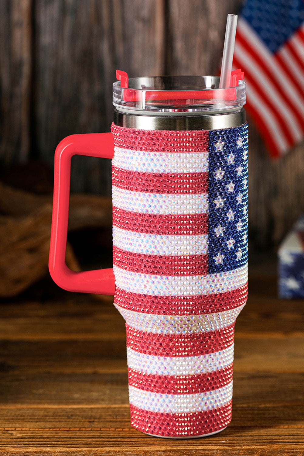 Red Rhinestone American Flag Print Handled 40oz Thermos Tumbler Tumblers JT's Designer Fashion