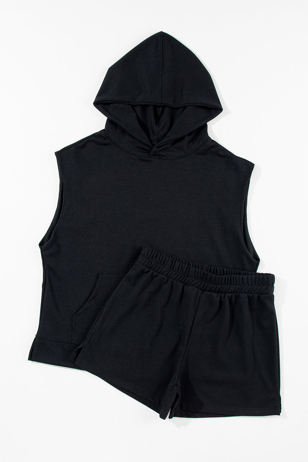 Black Solid Color Sleeveless Hoodie and Shorts Set Short Sets JT's Designer Fashion