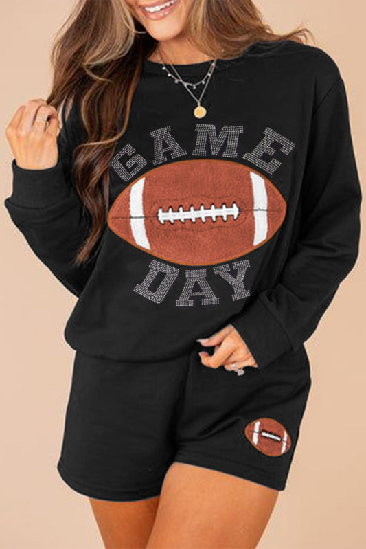 Black GAME DAY Rugby Football Graphic Pullover and Shorts Casual Outfit Short Sets JT's Designer Fashion