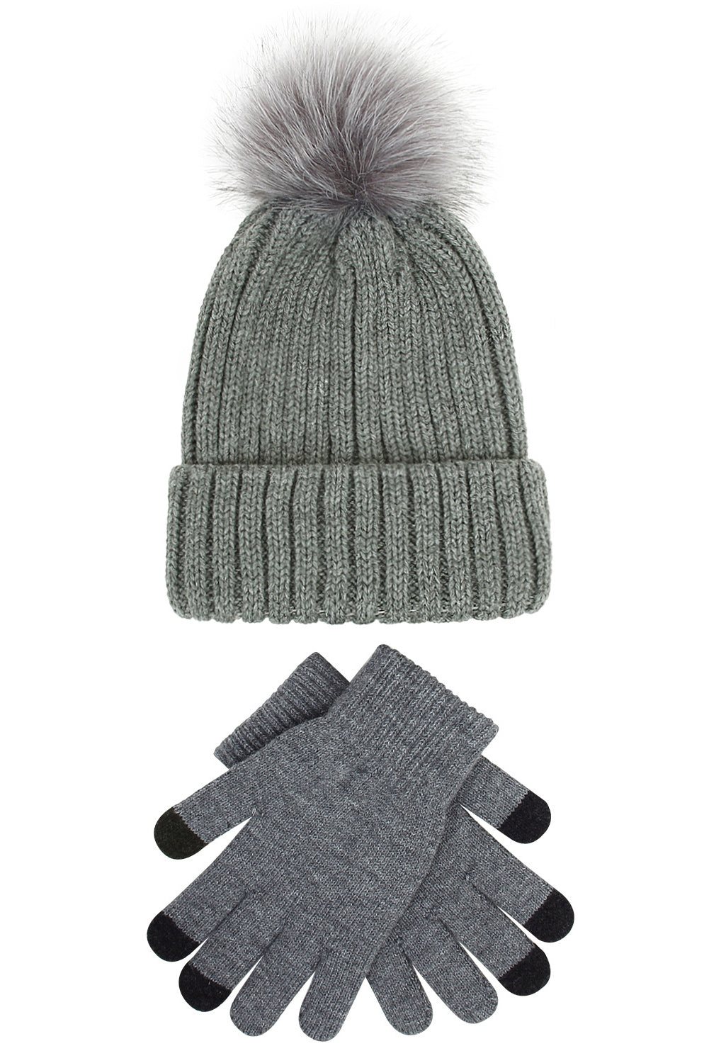 Gray Warm Furry Pompom Beanie with Telefingers Gloves Hats & Caps JT's Designer Fashion