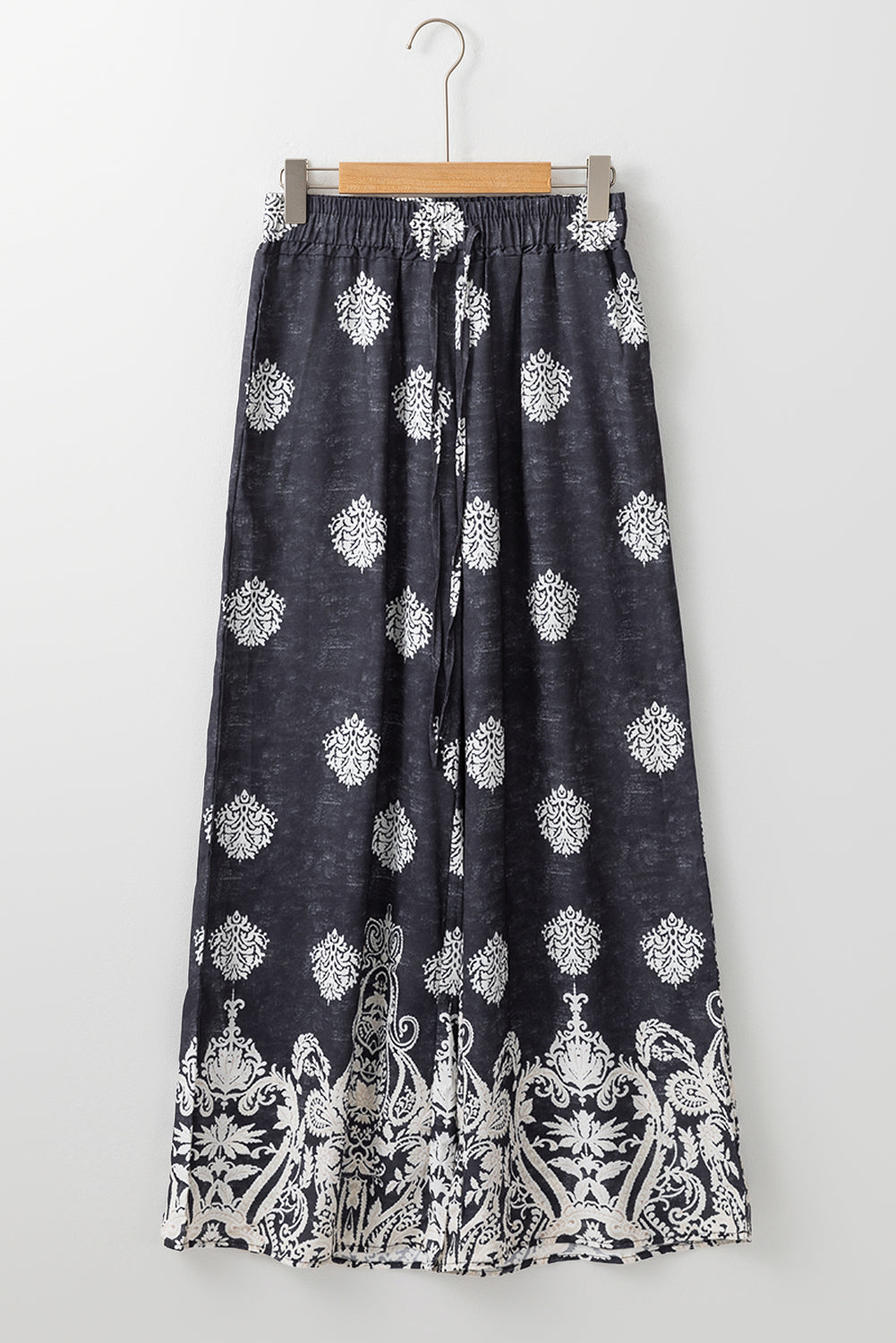 Black Bohemian Printed Drawstring Waist Wide Leg Pants Pants & Culotte JT's Designer Fashion