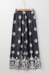 Black Bohemian Printed Drawstring Waist Wide Leg Pants Pants & Culotte JT's Designer Fashion