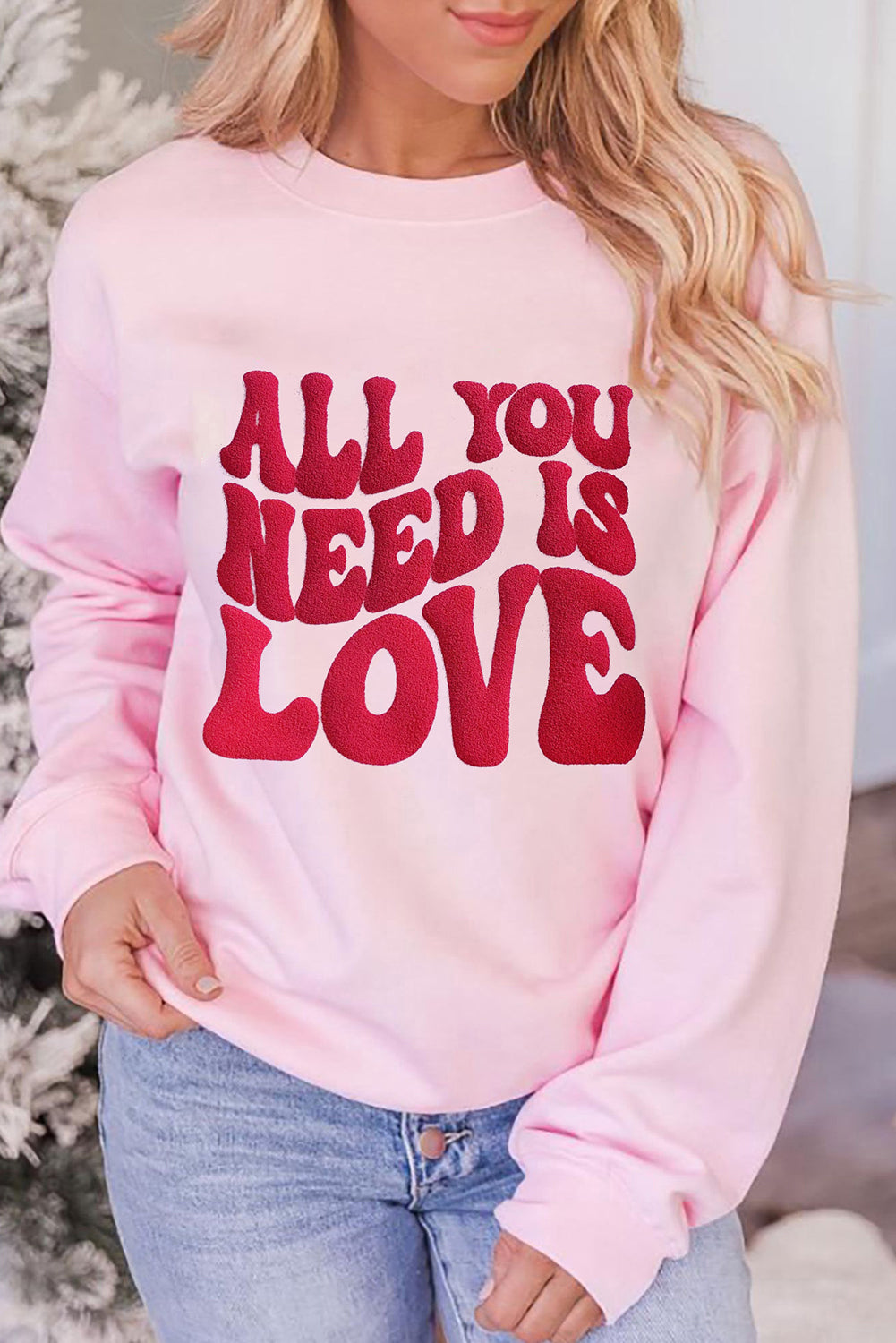 Pink ALL YOU NEED IS LOVE Valentines Slogan Printed Sweatshirt Pink 50%Polyester+50%Cotton Graphic Sweatshirts JT's Designer Fashion