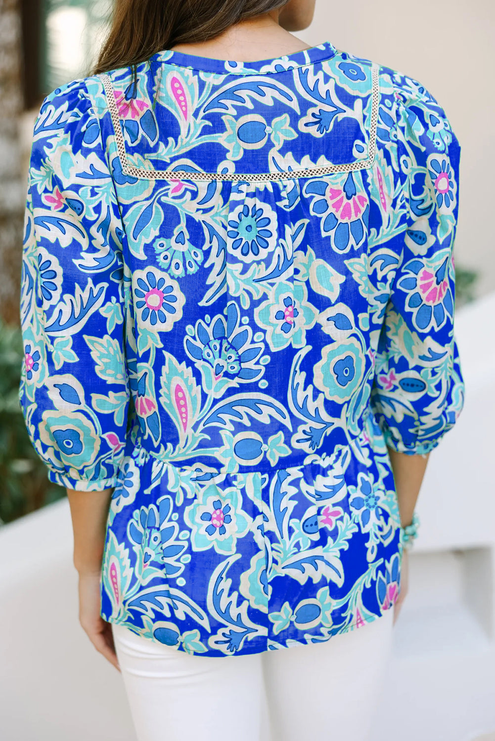 Blue Mix Floral Printed Lace Detail Bracelet Sleeve Blouse Blouses & Shirts JT's Designer Fashion