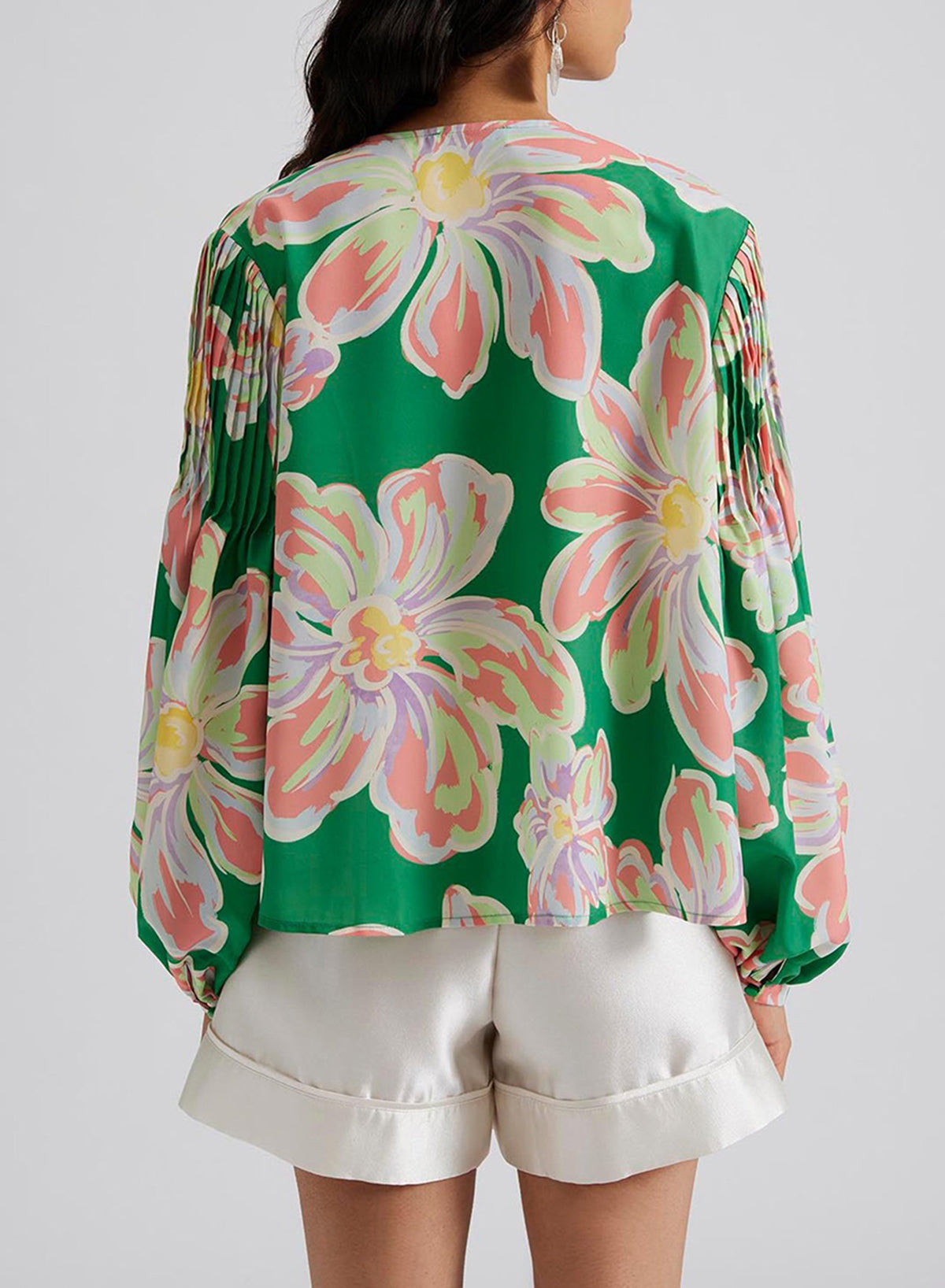 Green Floral Print Button up Pleated Puff Sleeve Loose Shirt Blouses & Shirts JT's Designer Fashion