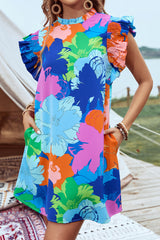 Blue Bold Floral Flutter Sleeve Shift Mini Dress with Pockets Floral Dresses JT's Designer Fashion
