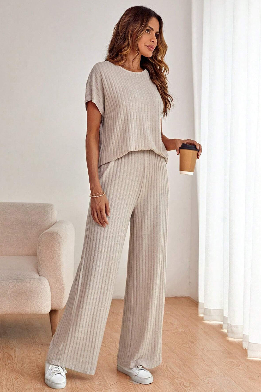 Smoke Gray Ribbed Knit Dolman Tee and Wide Leg Pants Set Pre Order Bottoms JT's Designer Fashion