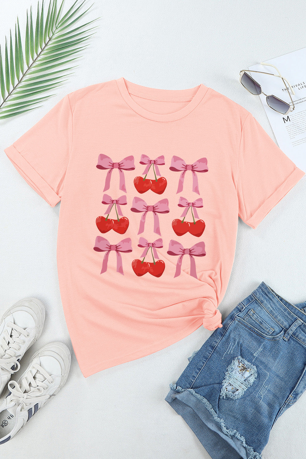 Pink Bow Cherry Print Crew Neck Casual T Shirt Graphic Tees JT's Designer Fashion