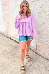 Phalaenopsis Corded Turn-down V Neck Bubble Sleeve Babydoll Blouse Blouses & Shirts JT's Designer Fashion