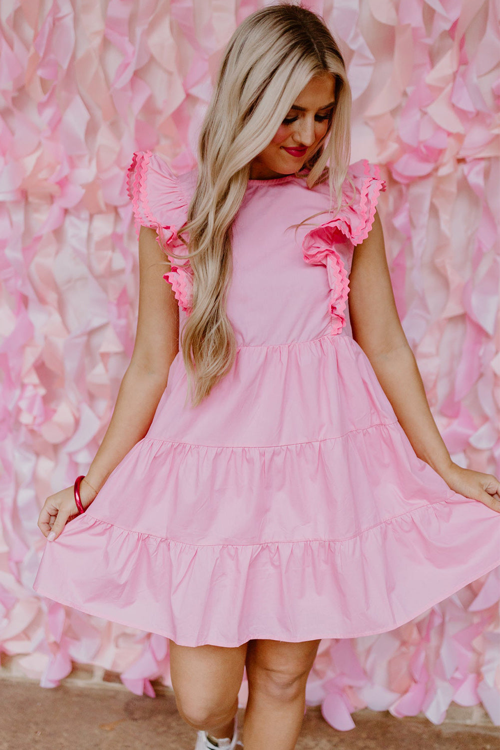 Pink Scalloped Flutter Sleeve Tiered Ruffled Mini Dress Dresses JT's Designer Fashion