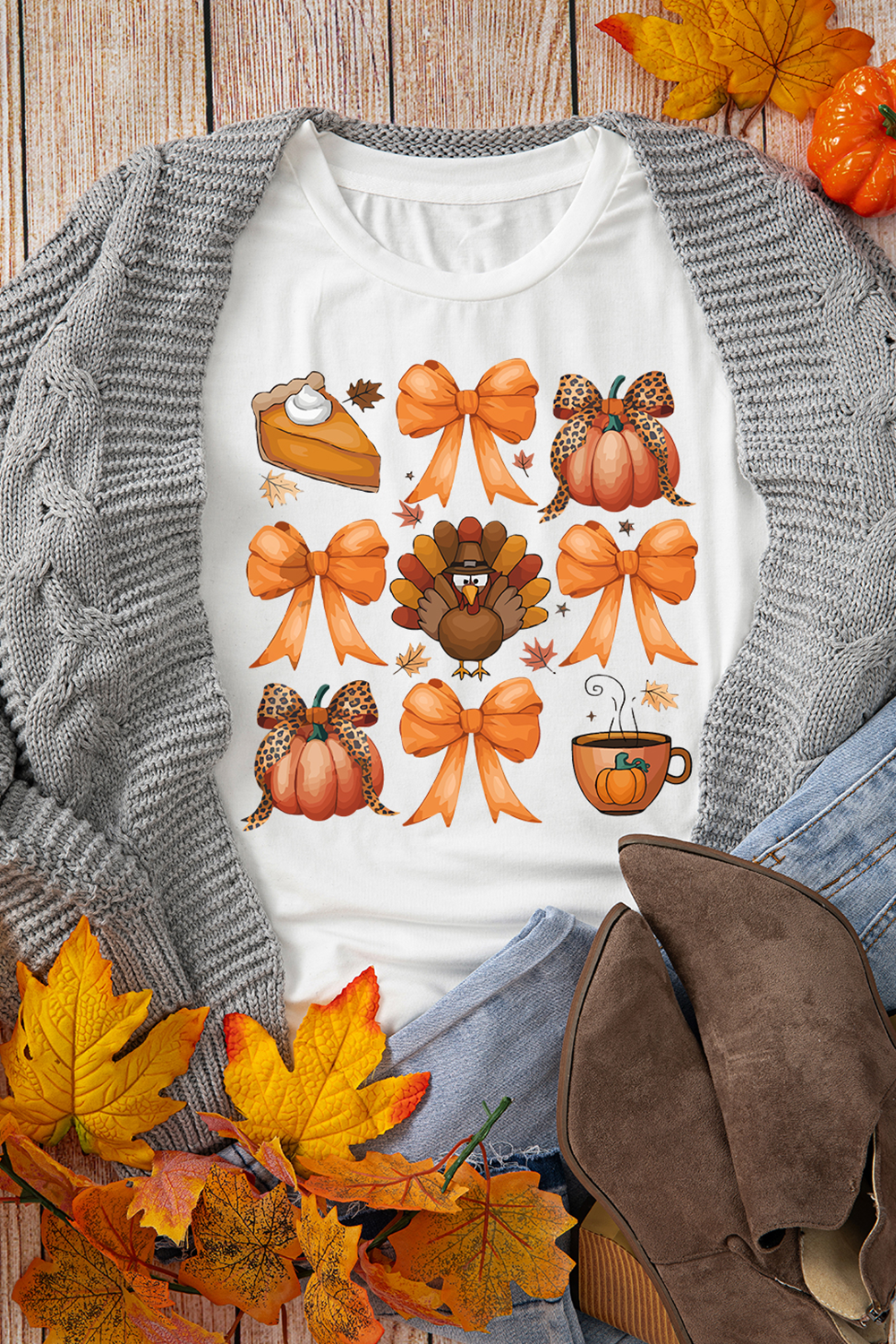 White Turkey Coquette Bow Pumpkin Thanksgiving T-Shirt Graphic Tees JT's Designer Fashion