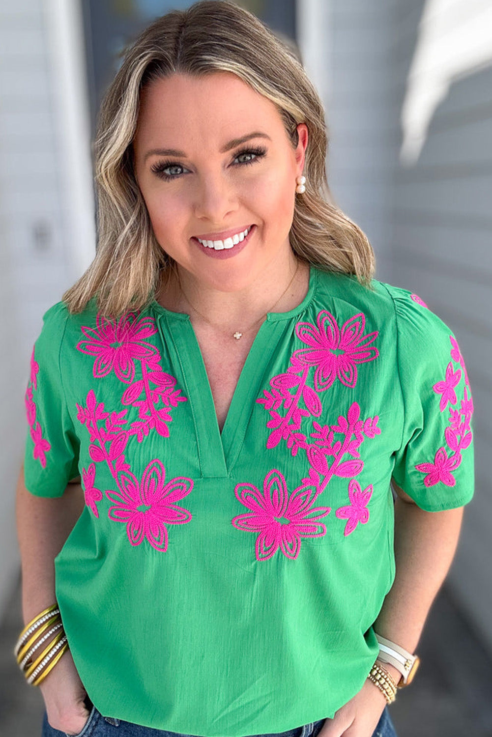 Bright Green Plus Size Floral Embroidered Notch V Neck Blouse Plus Size JT's Designer Fashion