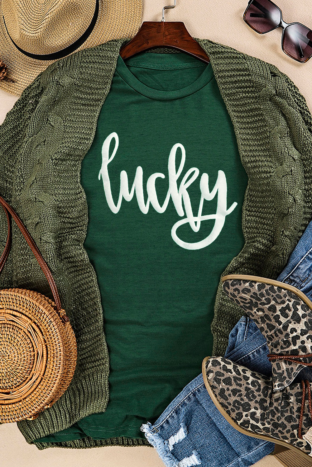 Green St. Patricks Lucky Puff Print Round Neck Casual Tee Graphic Tees JT's Designer Fashion