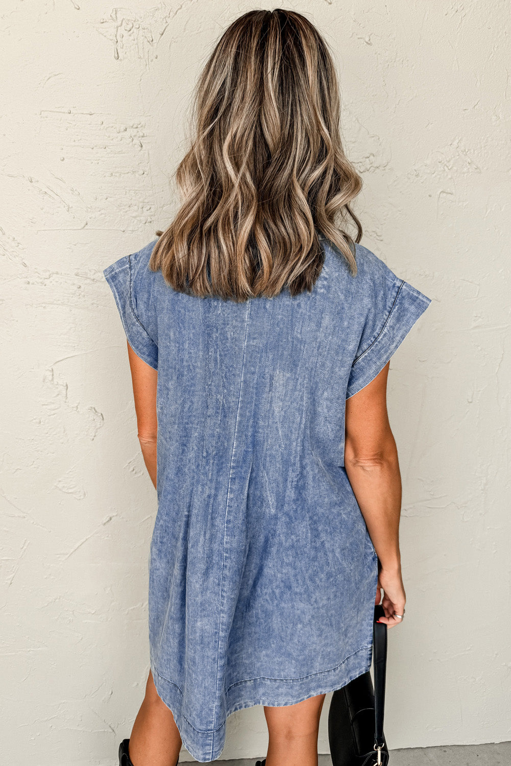 Beau Blue Tie V Neck Tucking Detail Short Sleeve Denim Shift Dress Mini Dresses JT's Designer Fashion