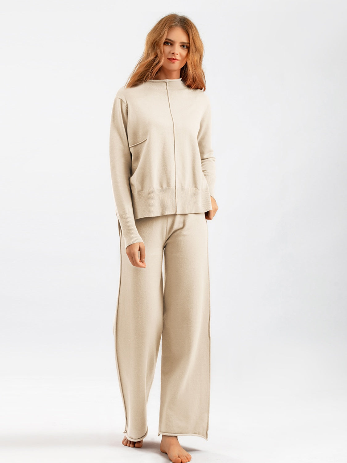 Mock Neck Long Sleeve Top and Pants Sweater Set Dust Storm One Size Pant Sets JT's Designer Fashion