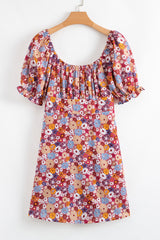 Red Floral Puff Sleeve Square Neck Knot Open Back Mini Dress Floral Dresses JT's Designer Fashion