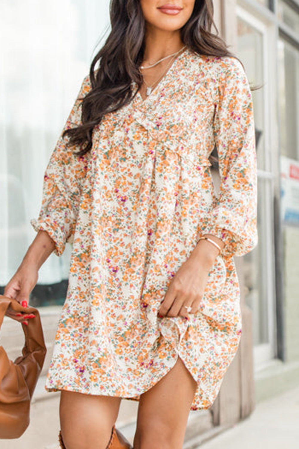 Yellow Boho Floral V Neck Ruffled Empire Waist Long Sleeve Mini Dress Floral Dresses JT's Designer Fashion