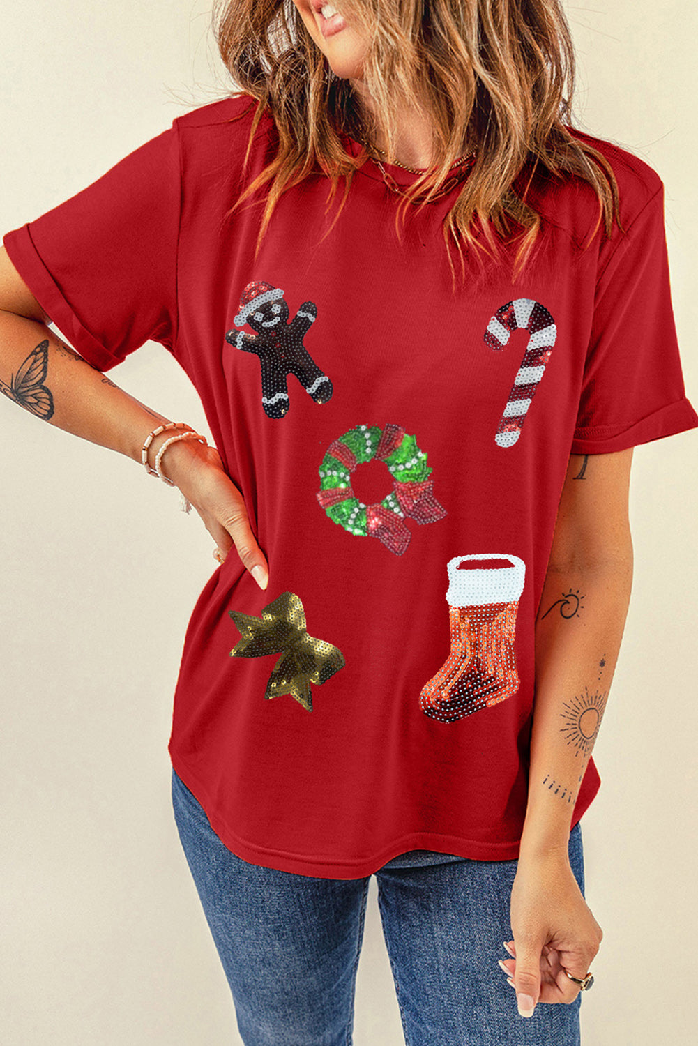 Red Christmas Sequin Pattern Crew Neck Graphic Tee Graphic Tees JT's Designer Fashion