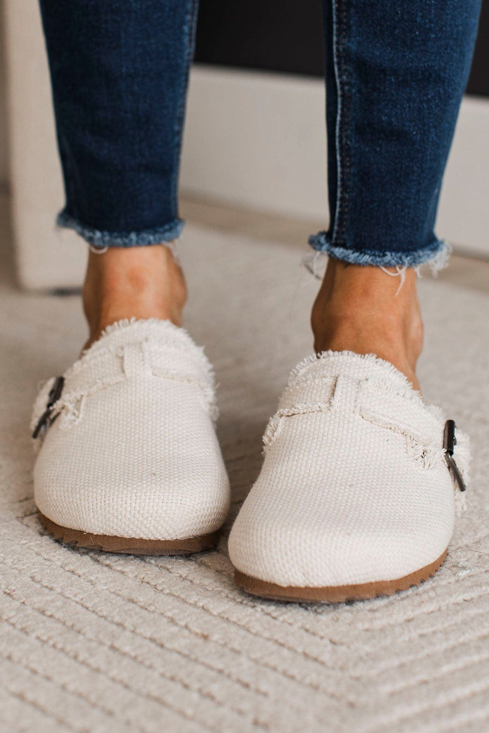 Beige Woven Linen Distressed Buckle Decor Casual Slippers Slippers JT's Designer Fashion