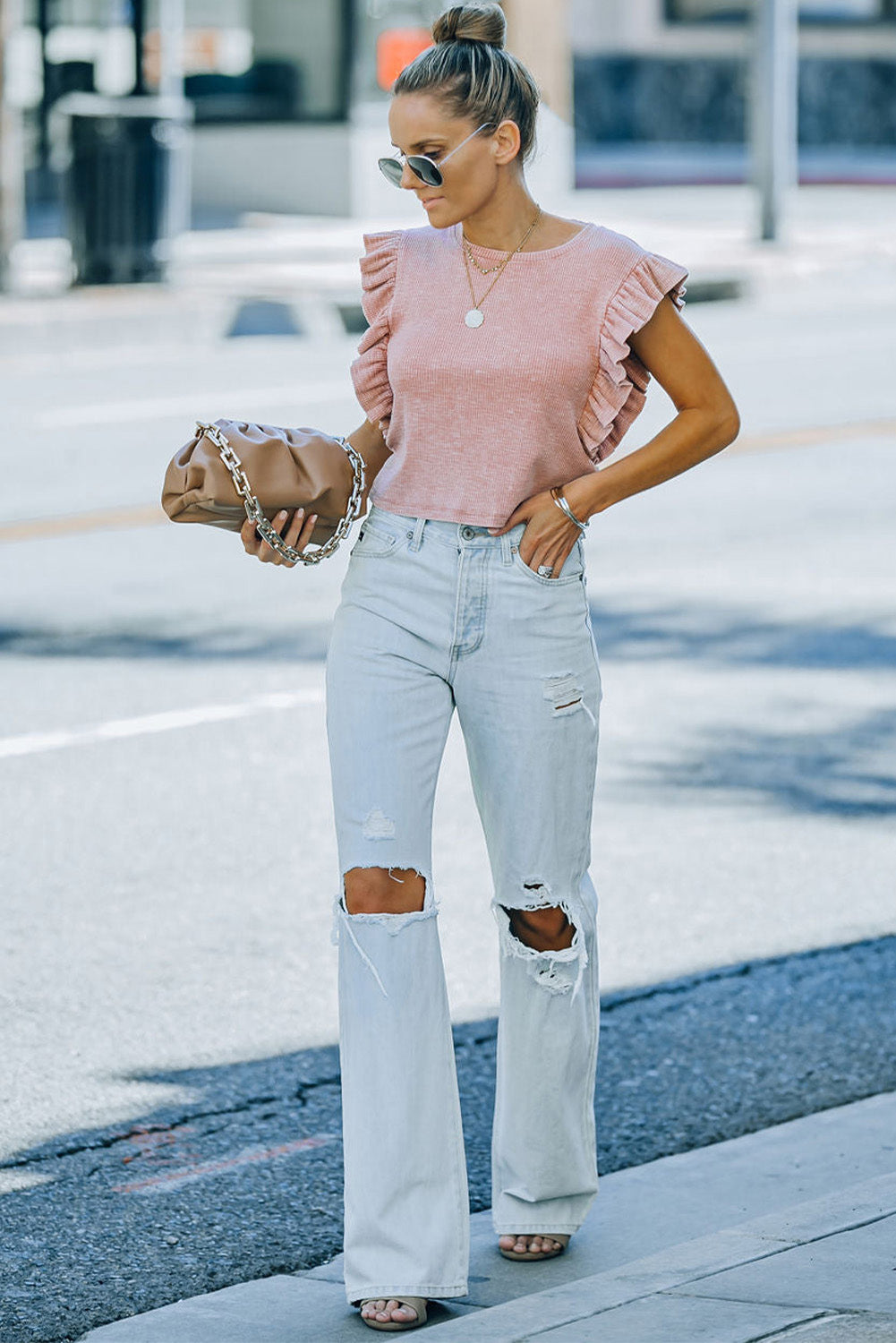 Pink Ruffled Crew Neck Crop Top Tops & Tees JT's Designer Fashion