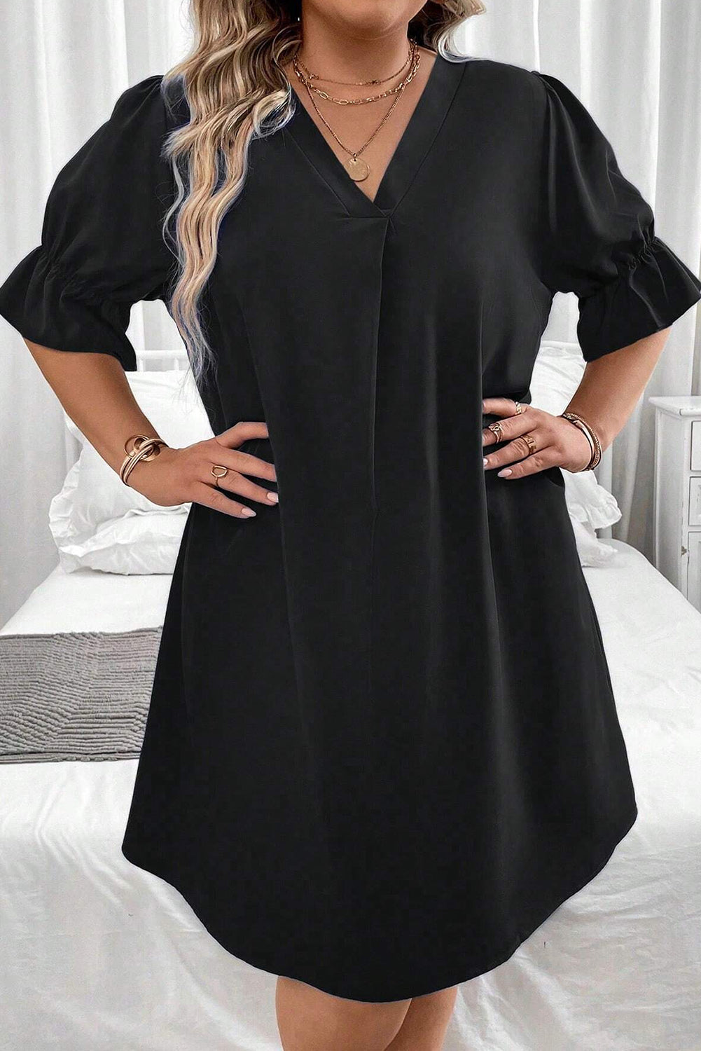 Black Solid Ruffled Puff Sleeve V Neck Plus Size Mini Dress Plus Size JT's Designer Fashion