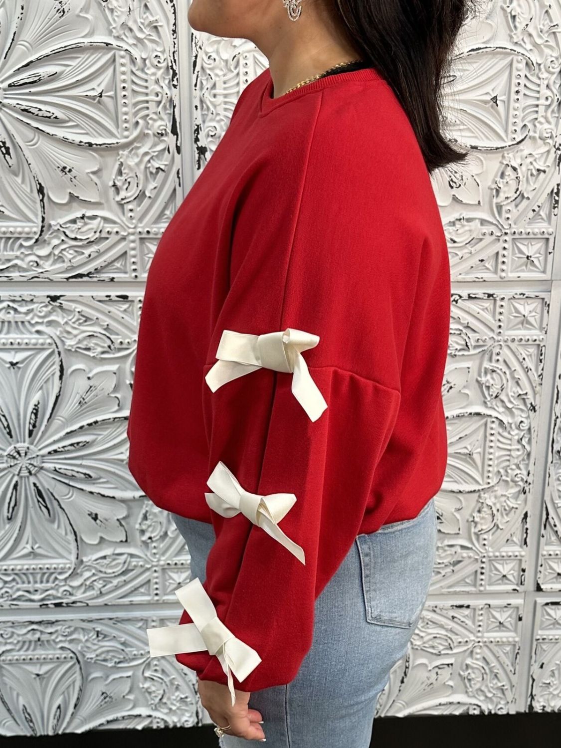 Contrast Bow Round Neck Long Sleeve Sweatshirt Long Sleeve Tops JT's Designer Fashion