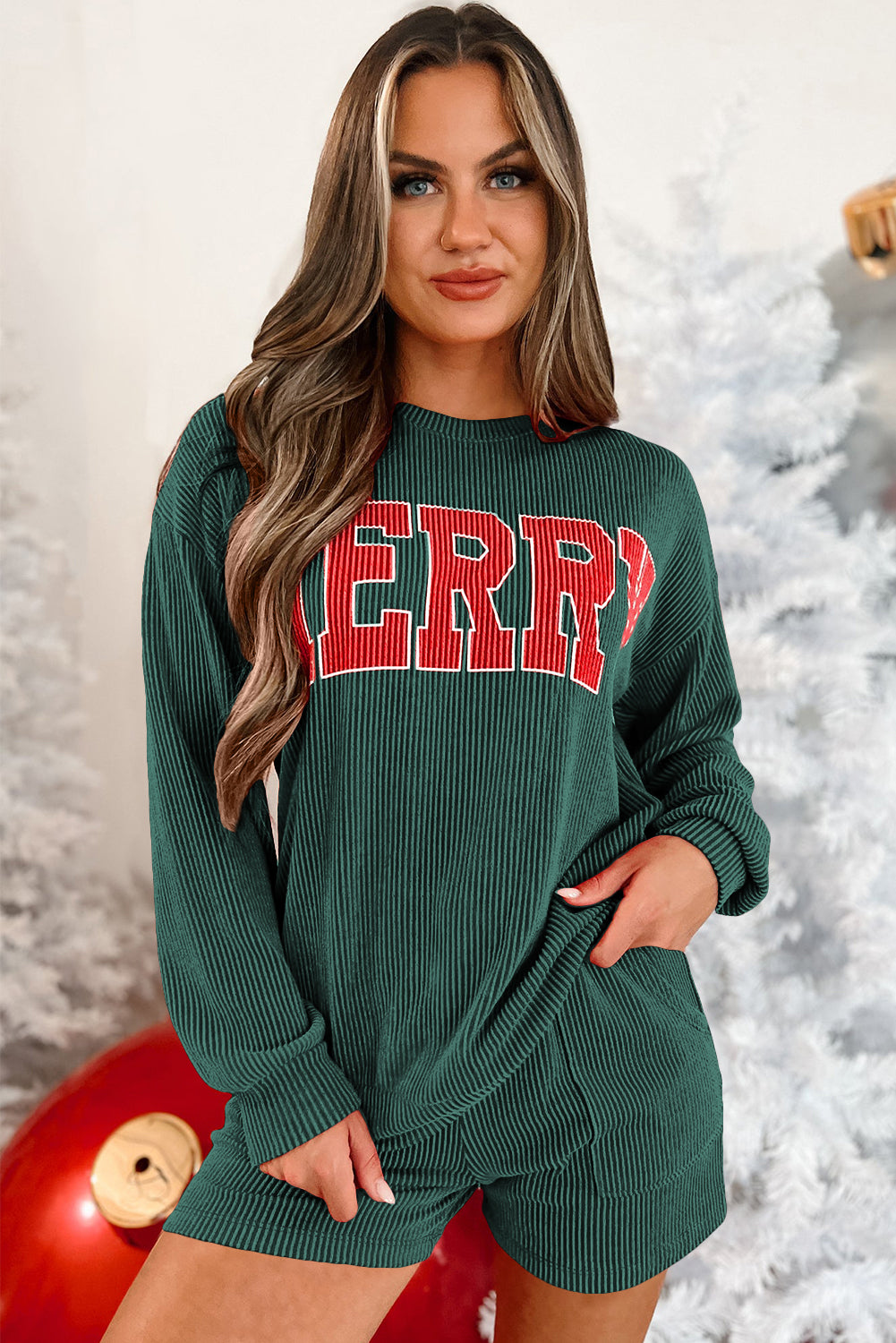 Evergreen Corded MERRY Graphic Long Sleeve Top and Shorts Set Short Sets JT's Designer Fashion