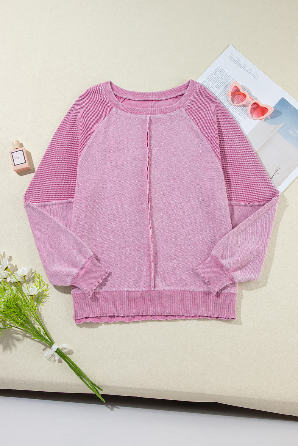 Pink Waffle Knit Patchwork Exposed Seam Raglan Sweatshirt Sweatshirts & Hoodies JT's Designer Fashion