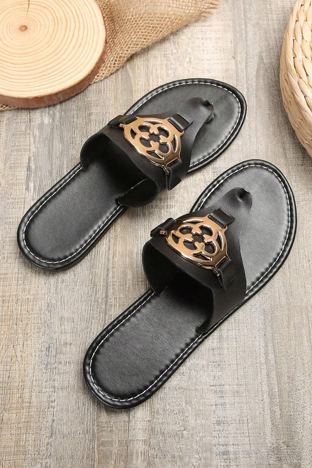 Black Metal Décor Leather Thong Slippers Slippers JT's Designer Fashion