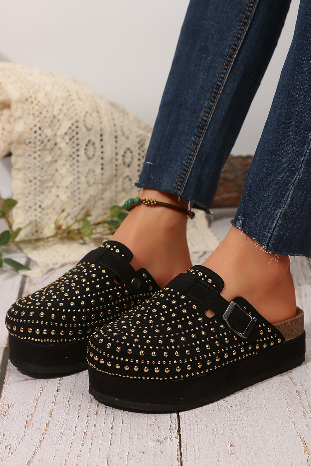 Black Rivet Buckle Closed Toe Platform Slippers Slippers JT's Designer Fashion