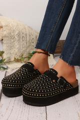 Black Rivet Buckle Closed Toe Platform Slippers Slippers JT's Designer Fashion