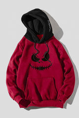 Fiery Red Funny Face Print Color Block Pocketed Men's Hoodie Men's Tops JT's Designer Fashion