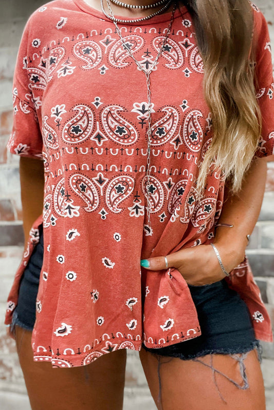 Red Ethnic Paisley Print Plus Side Split T Shirt Plus Size JT's Designer Fashion