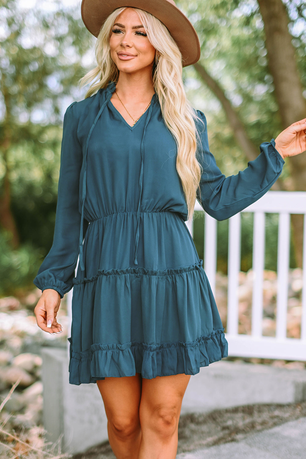 Cute V Neck Long Sleeve Ruffle Tiered Mini Dress Mini Dresses JT's Designer Fashion