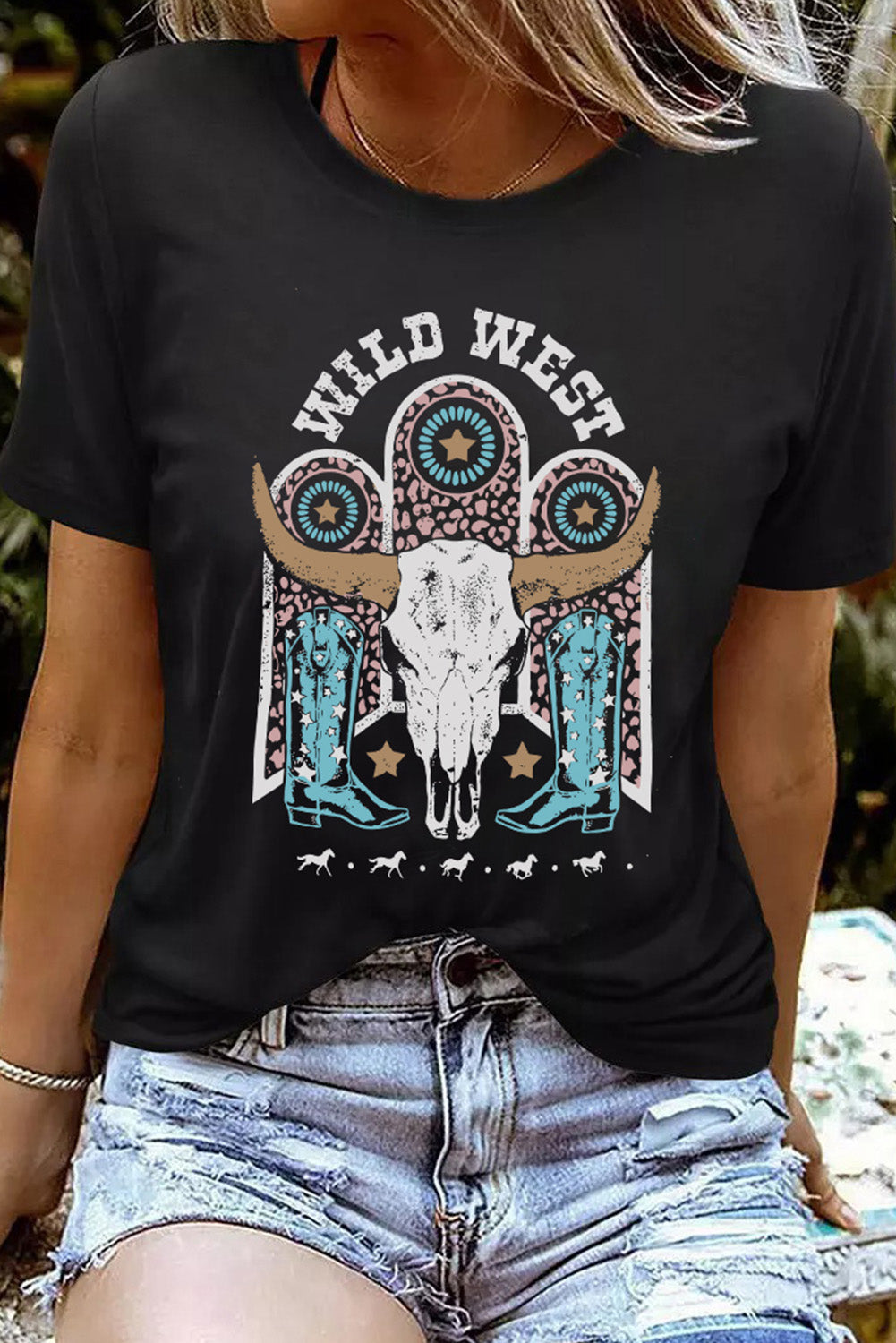 Black WILD WEST Steer Skull Graphic T Shirt Graphic Tees JT's Designer Fashion