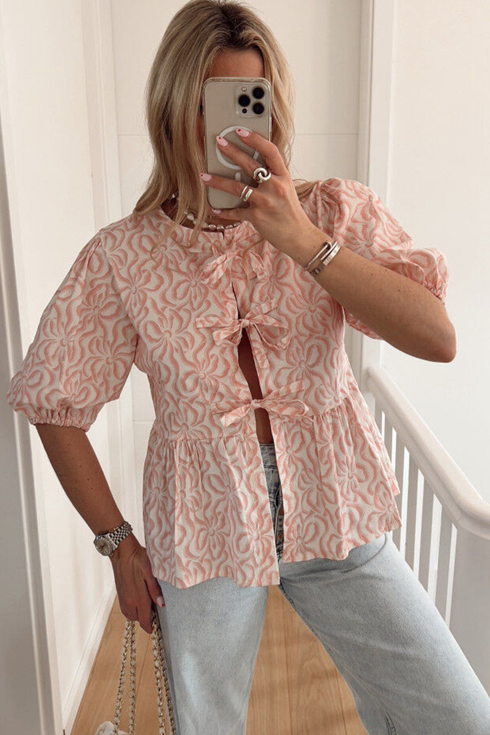 Pink Printed Bowknot Closure Half Sleeve Peplum Blouse Tops & Tees JT's Designer Fashion