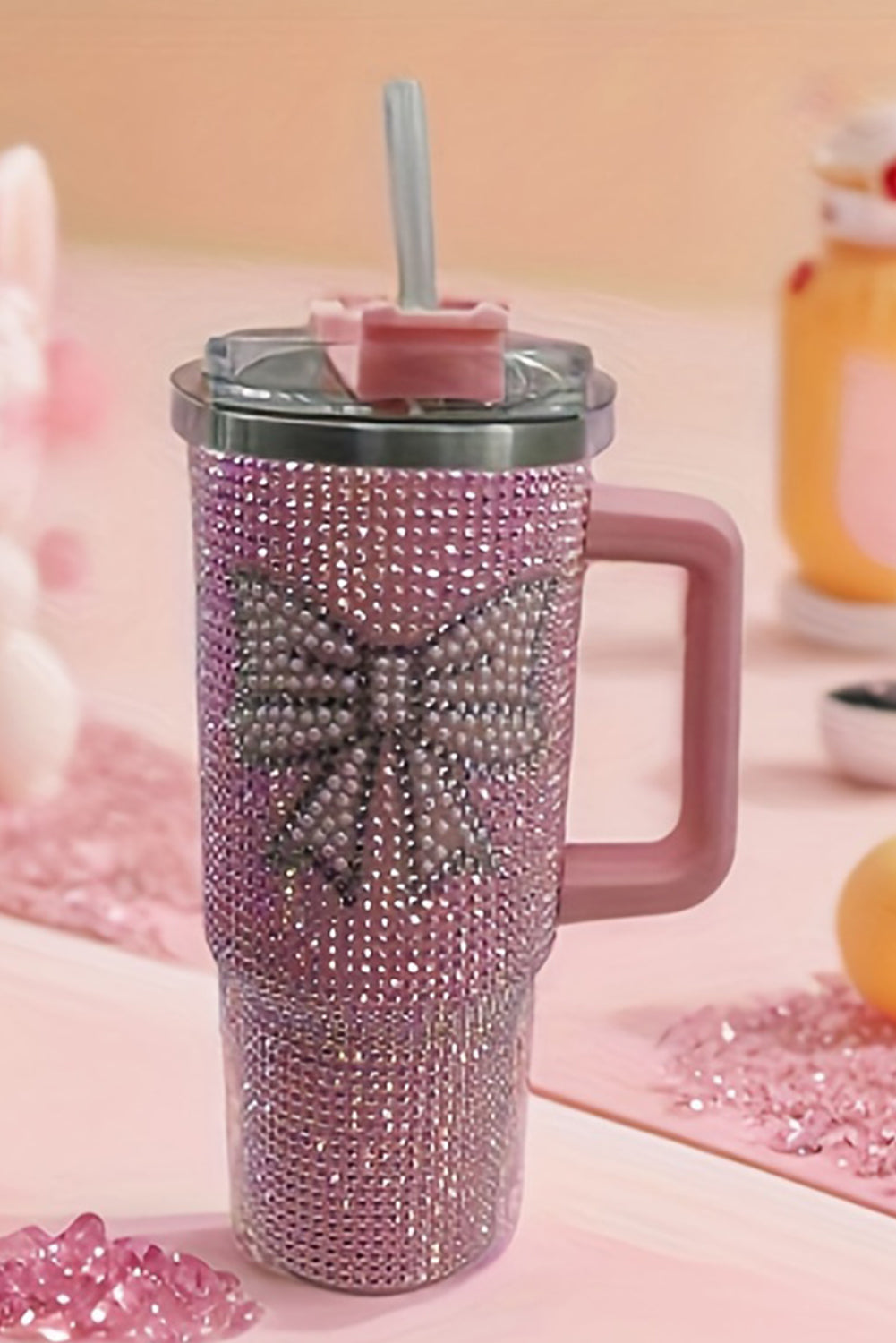 Pink Bow Knot Rhinestone Insulated Portable Cup 40oz Tumblers JT's Designer Fashion