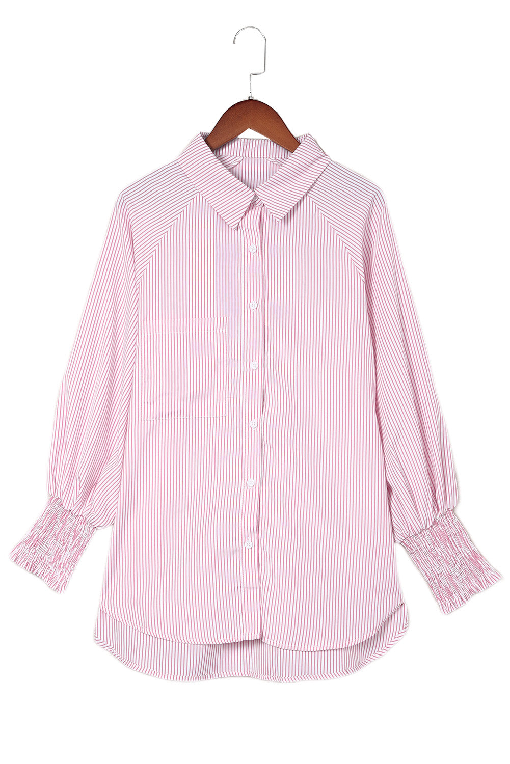 Pink Smocked Cuffed Striped Boyfriend Shirt with Pocket Blouses & Shirts JT's Designer Fashion