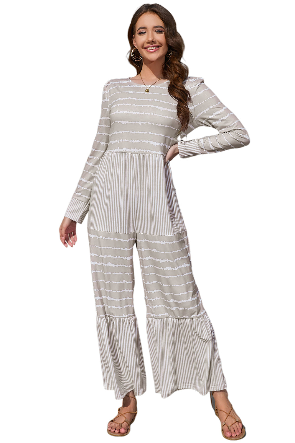 Light Grey Mix Striped Long Sleeve Wide Leg Jumpsuit Jumpsuits & Rompers JT's Designer Fashion