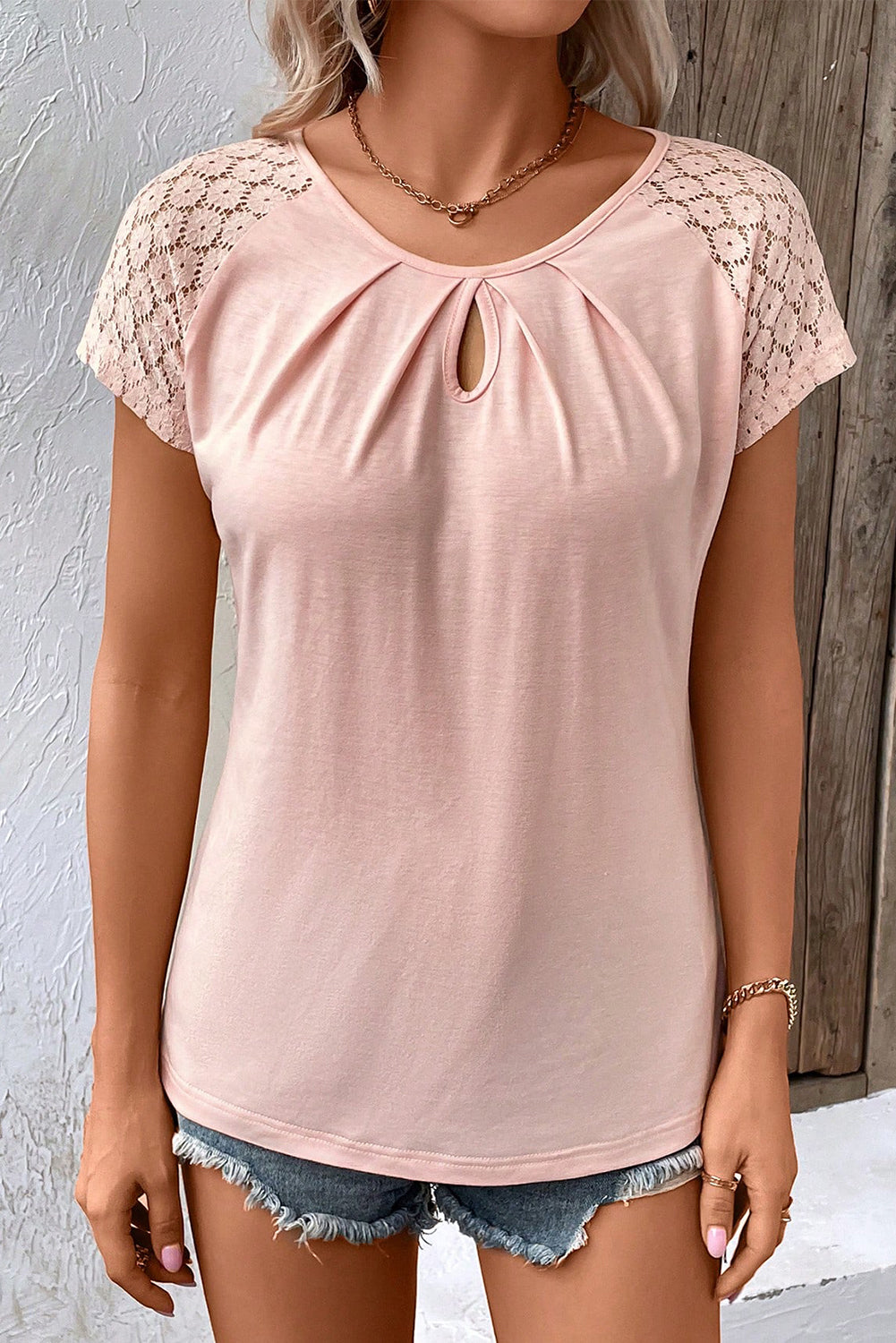 Apricot Pink Contrast Lace Sleeve Keyhole Decor Top Tops & Tees JT's Designer Fashion