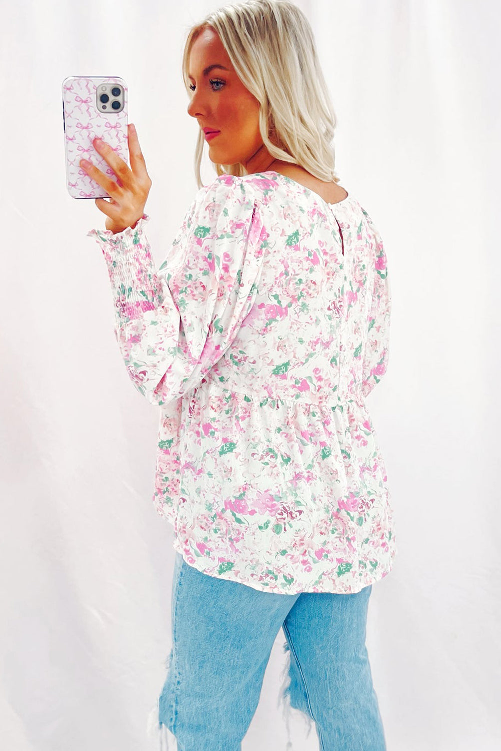 Pink Floral Print Shirred Balloon Sleeve Keyhole Back Babydoll Blouse Blouses & Shirts JT's Designer Fashion