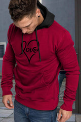 Fiery Red Valentine Love Heart Print Color Block Men's Pullover Hoodie Men's Tops JT's Designer Fashion